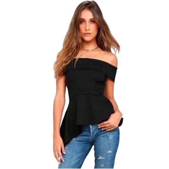 Lulus Top Black Off-Shoulder Asymmetrical Hem Peplum Edgy Dark Fairy S - Picture 2 of 6